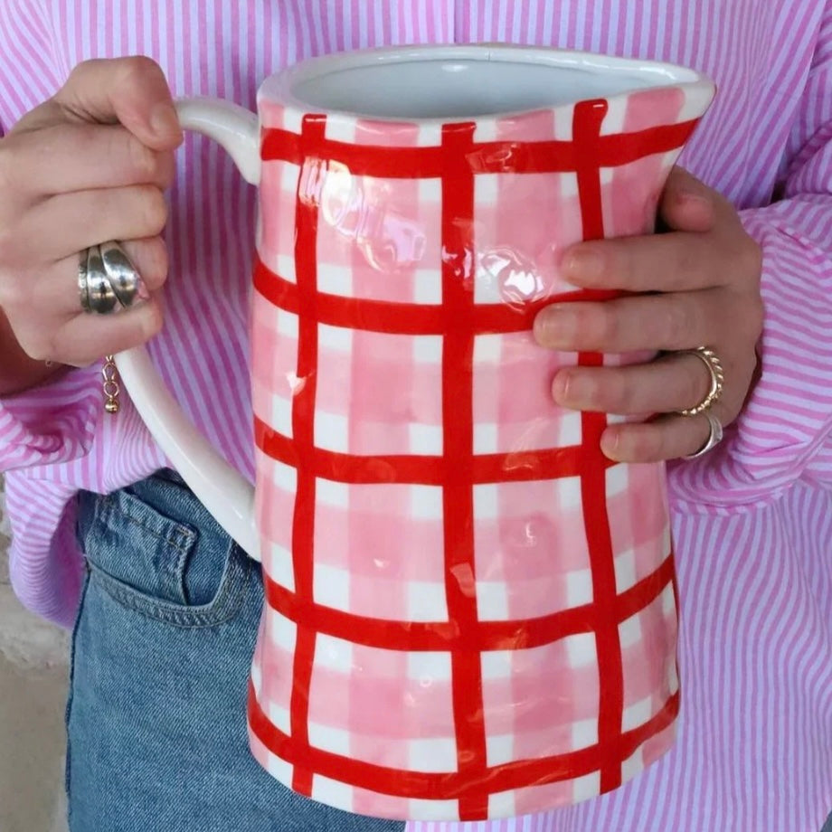 Ceramic Medium Jug | Rose Pink & Red Gingham