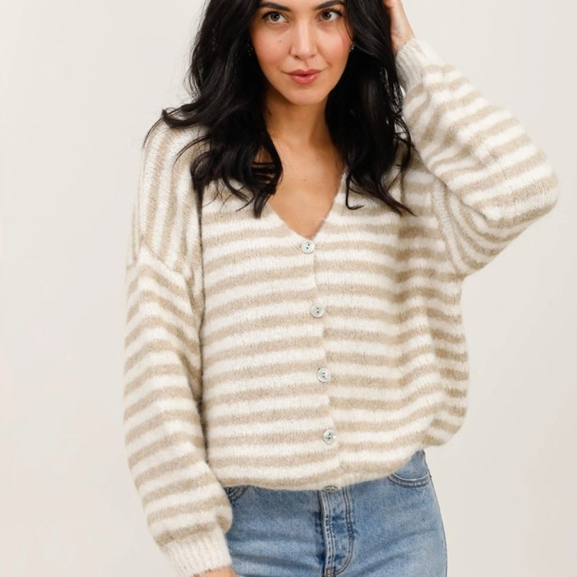 Lulu Striped Cardigan- Latte & Snow