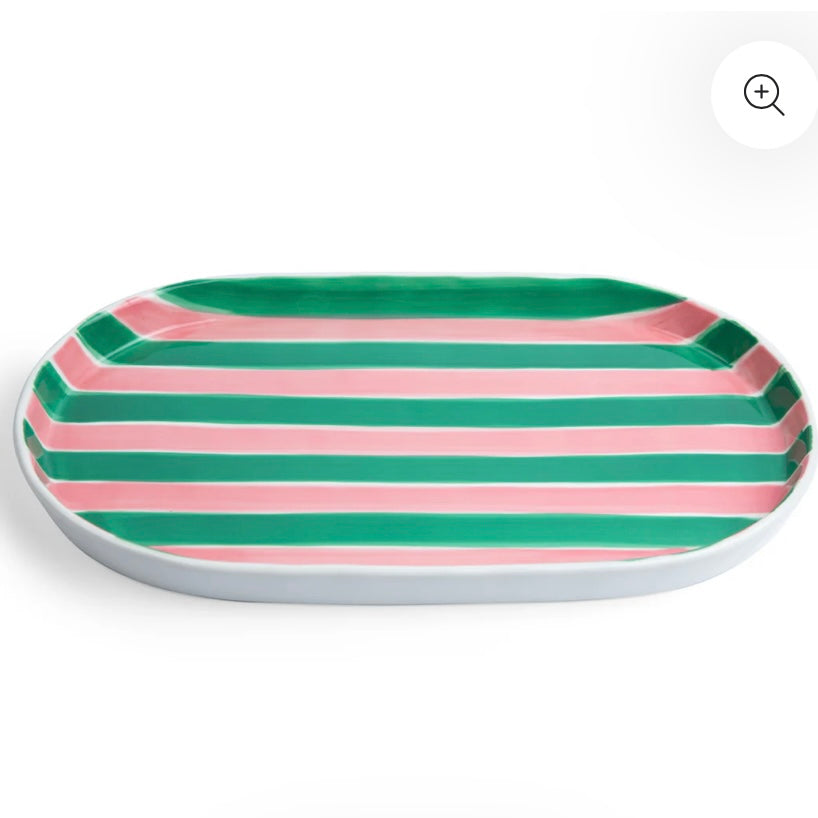 Oval Platter - Pink & green stripes