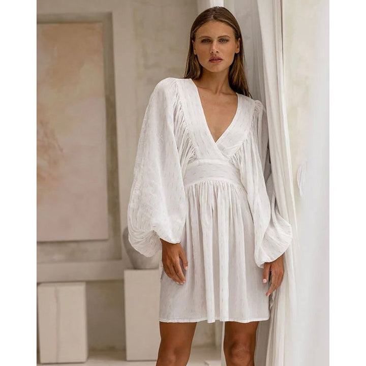 MISS JUNE - JANICE DRESS- WHITE/GOLD LUREX