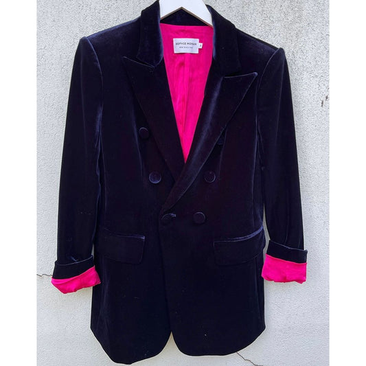 Velvet Double Breasted Blazer –French Navy with Pink lining