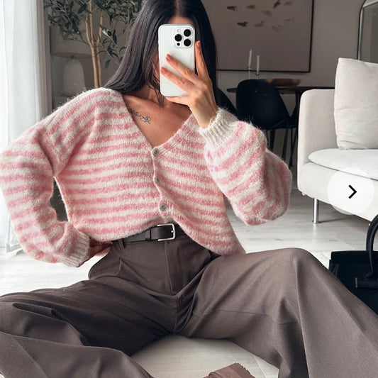 Lulu Striped Cardigan- Pink & Snow