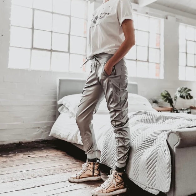 VEGAN LEATHER MIX ULTIMATE JOGGERS | SILVER