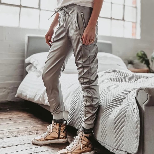 VEGAN LEATHER MIX ULTIMATE JOGGERS | SILVER