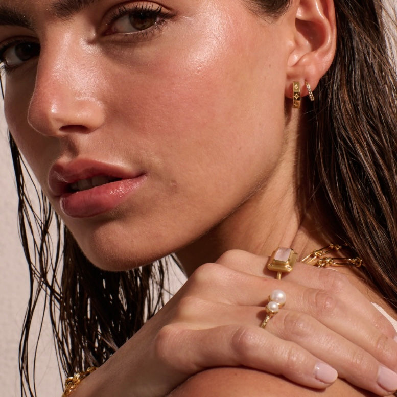 Octagonal Huggies - White Topaz in
18KT Yellow Gold Plate