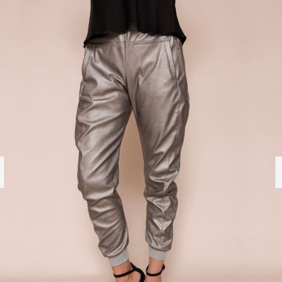 VEGAN LEATHER MIX ULTIMATE JOGGERS | SILVER