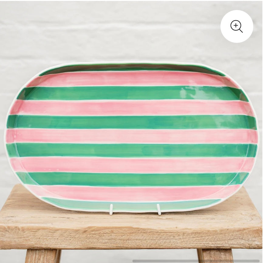 Oval Platter - Pink & green stripes
