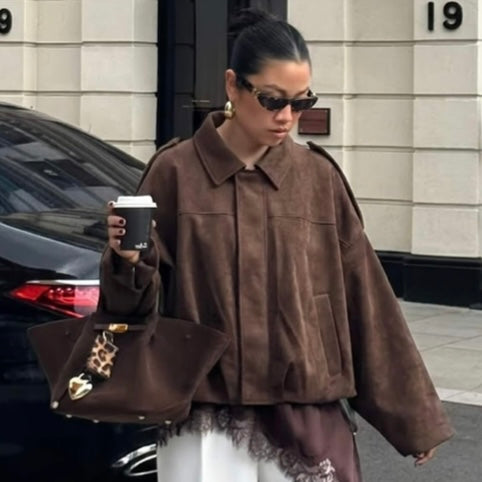 Kikki Faux Suede Bomber -Chocolate