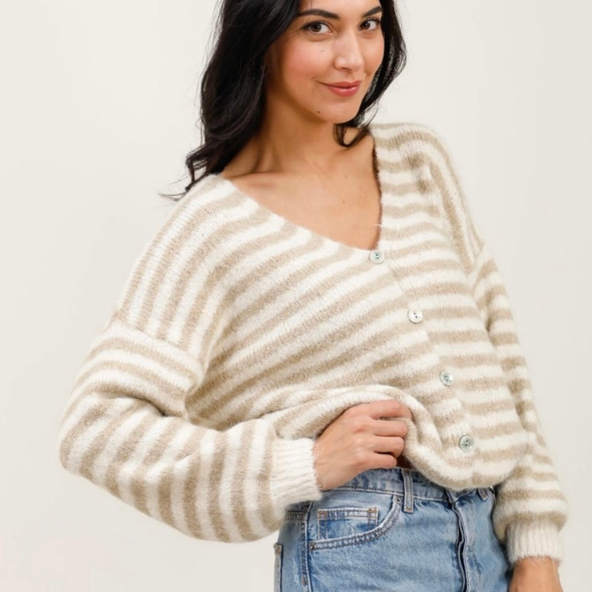 Lulu Striped Cardigan- Latte & Snow