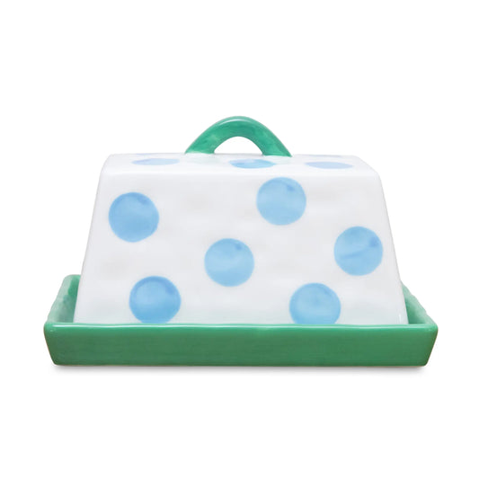 Large Ceramic Butter Dish | Blue Dots with Green Handle & Tray