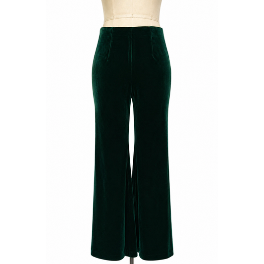 Emerald Green Velvet Flared Pants  with elasticated waistband