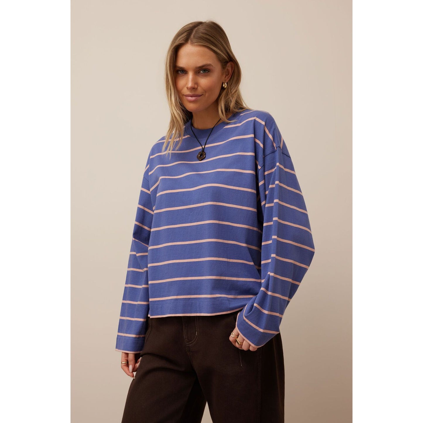 Beau Long Sleeve Slouchy Tee-Washed Navy / Pink Clay