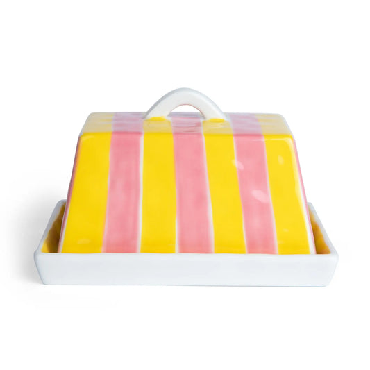 Large Ceramic Butter Dish | Pink & Yellow Stripe