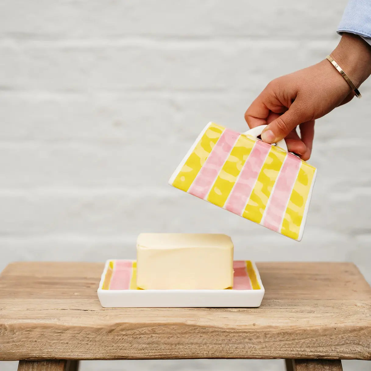 Large Ceramic Butter Dish | Pink & Yellow Stripe
