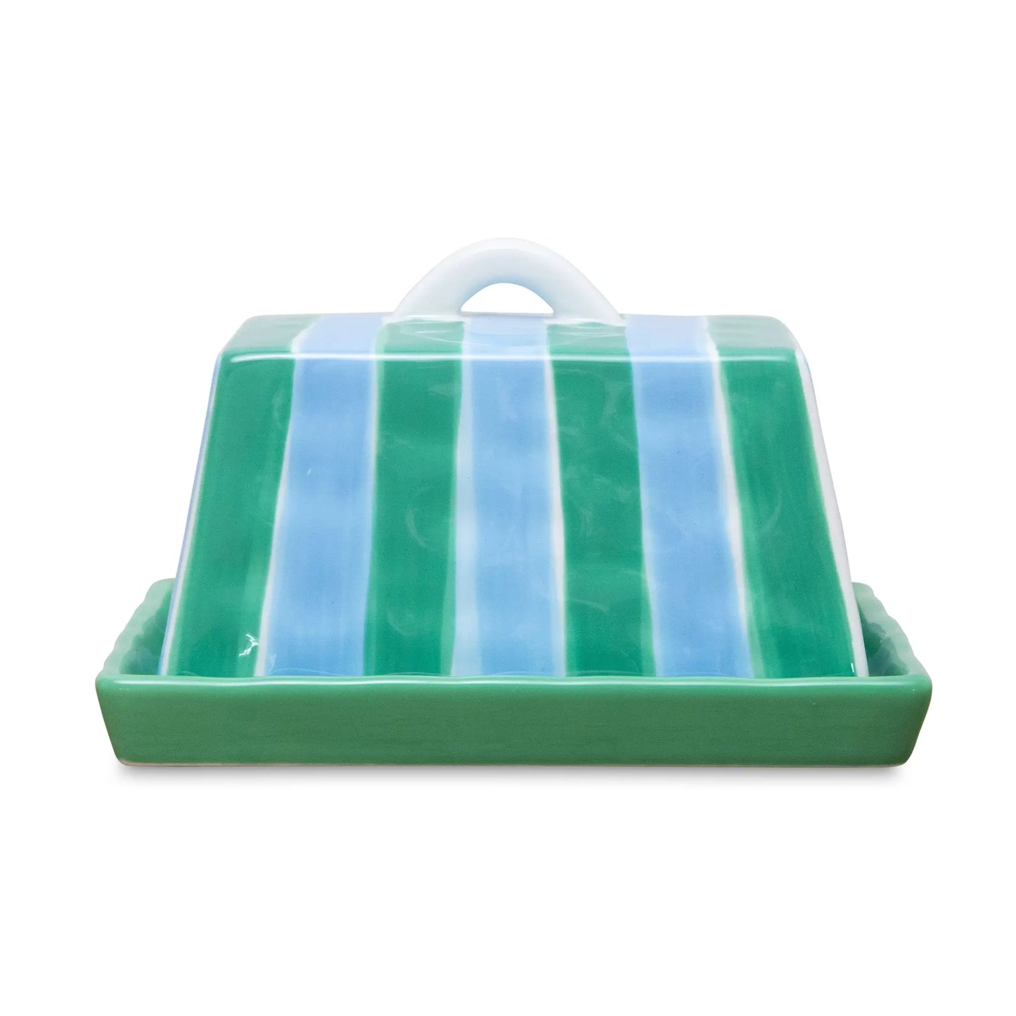 Large Ceramic Butter Dish | Cornflower Blue & Green Stripe