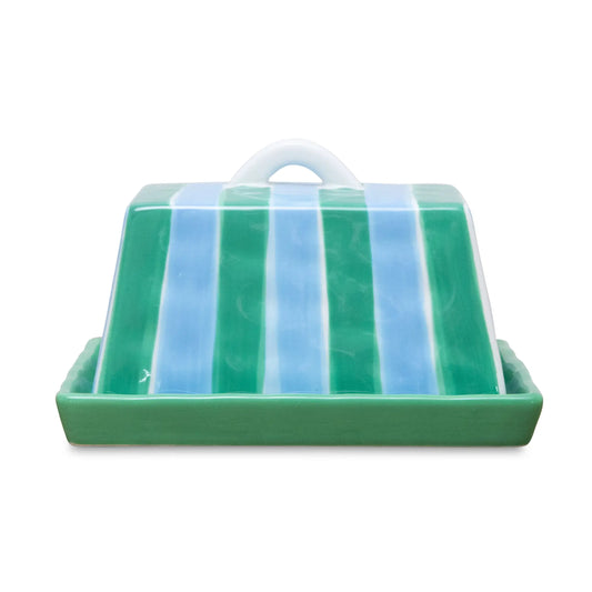 Large Ceramic Butter Dish | Cornflower Blue & Green Stripe