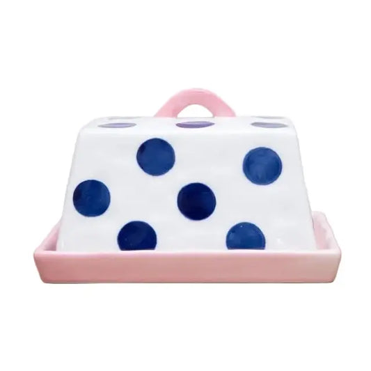 Large Ceramic Butter Dish | Navy Dots with Pink Handle & Tray