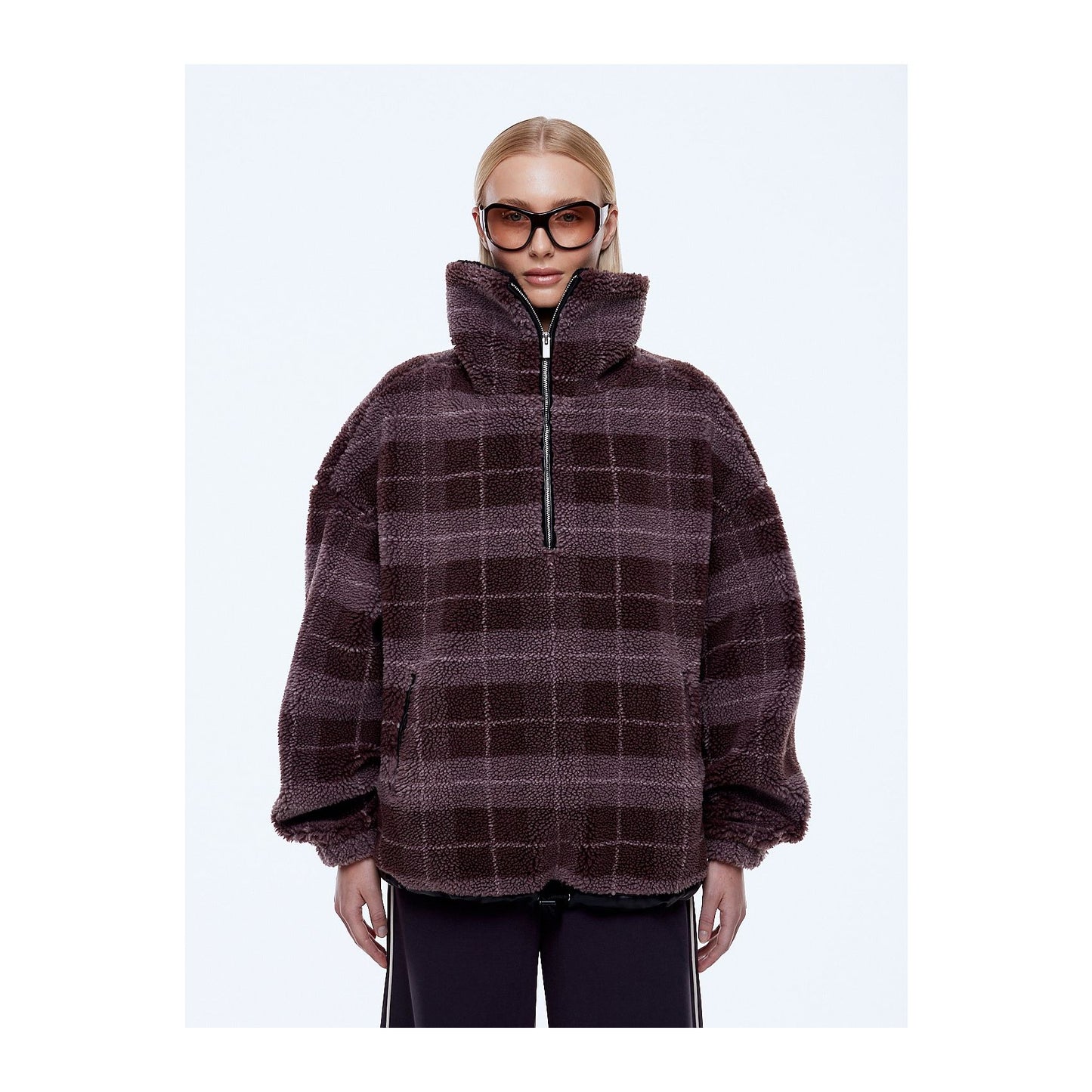 Ena Pelly-
Winnie Quarter-Zip Jacket-Burgundy Check