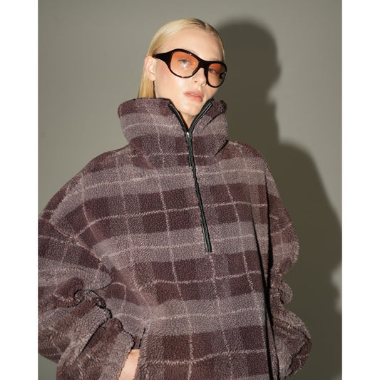 Ena Pelly-
Winnie Quarter-Zip Jacket-Burgundy Check