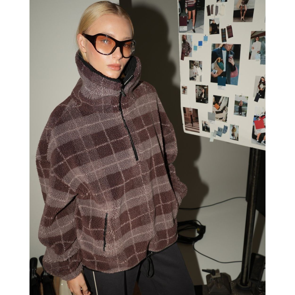 Ena Pelly-
Winnie Quarter-Zip Jacket-Burgundy Check