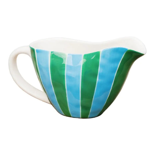 Ceramic Gravy Jug - Green and Cornflower Blue Stripe