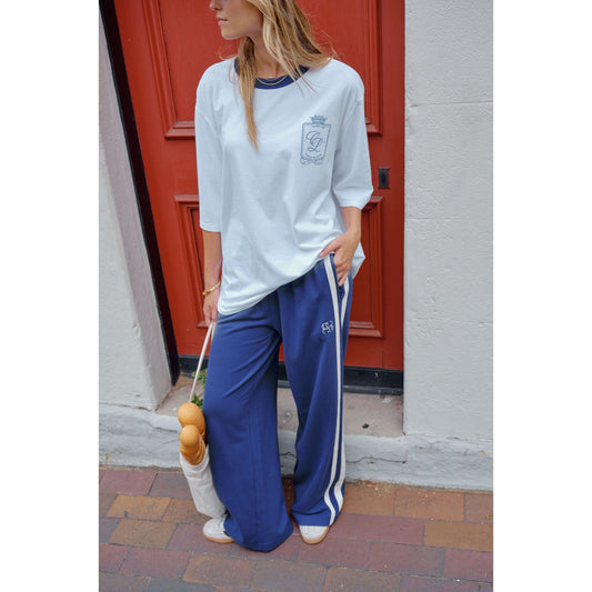 Gigi Wide Leg Terry Trackpant - Washed Navy Stripe