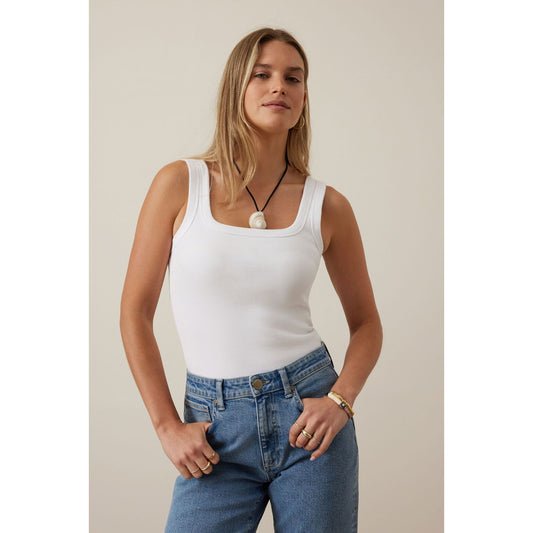 Zaeli Contour Rib Square Neck Tank- White