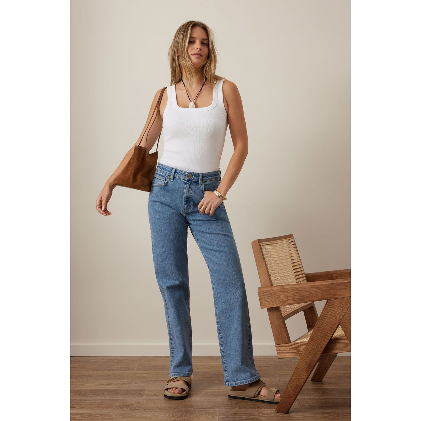 Zaeli Contour Rib Square Neck Tank- White