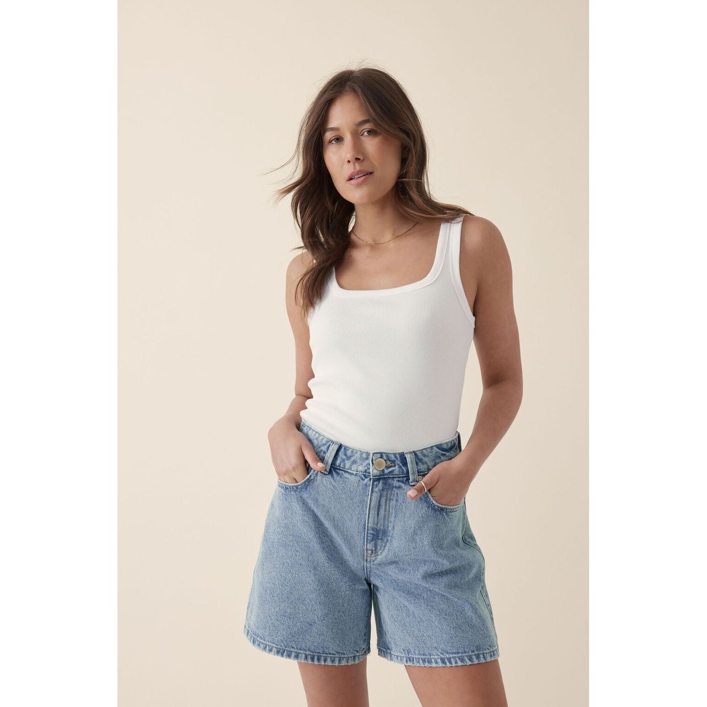 Zaeli Contour Rib Square Neck Tank- White