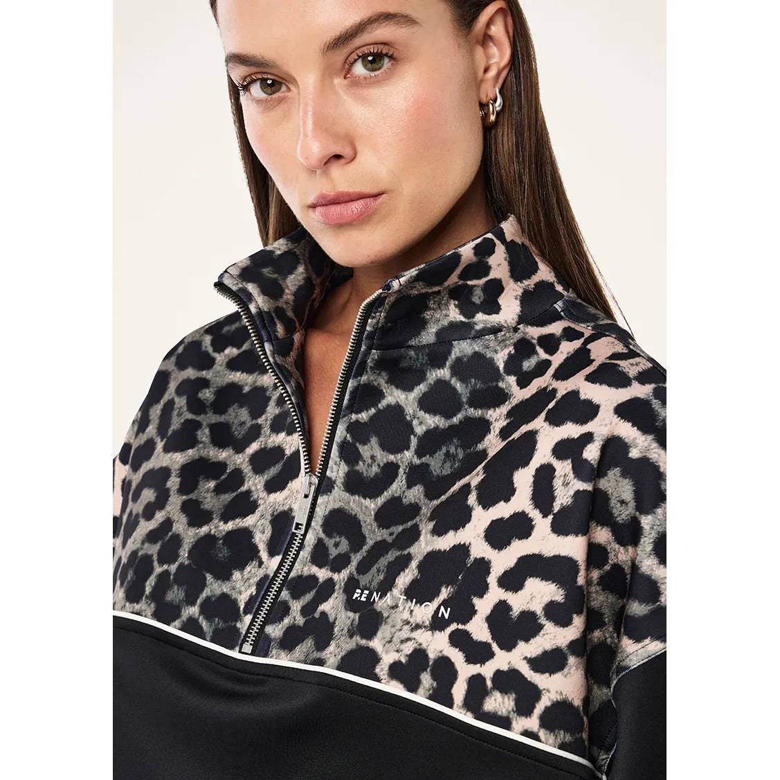 PE Nation-Boundless Zip Neck Sweat In Black & Leopard