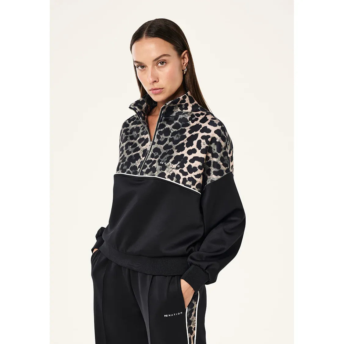 PE Nation-Boundless Zip Neck Sweat In Black & Leopard