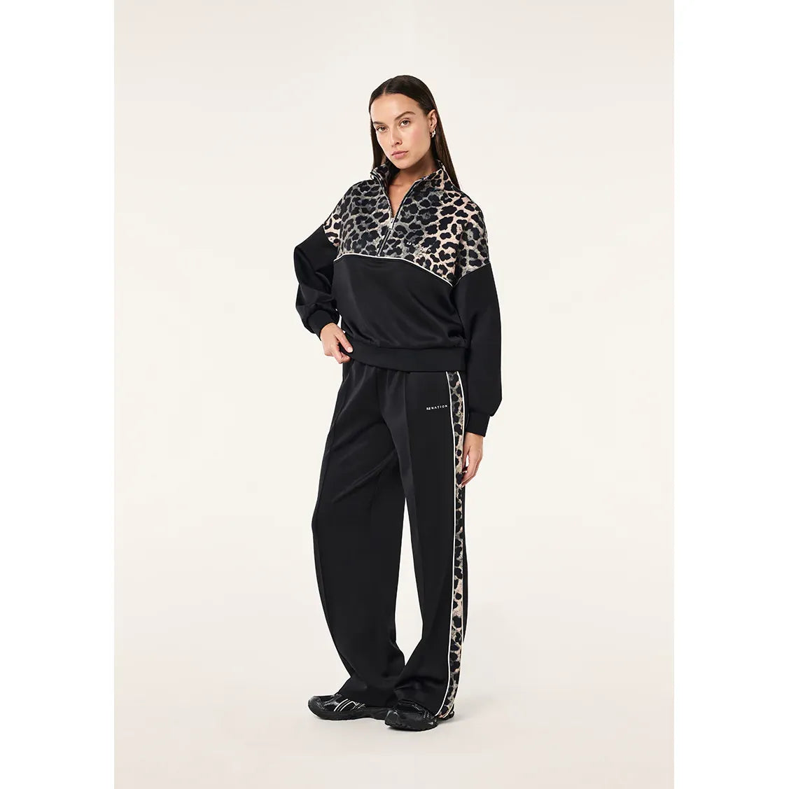 PE Nation-Boundless Zip Neck Sweat In Black & Leopard