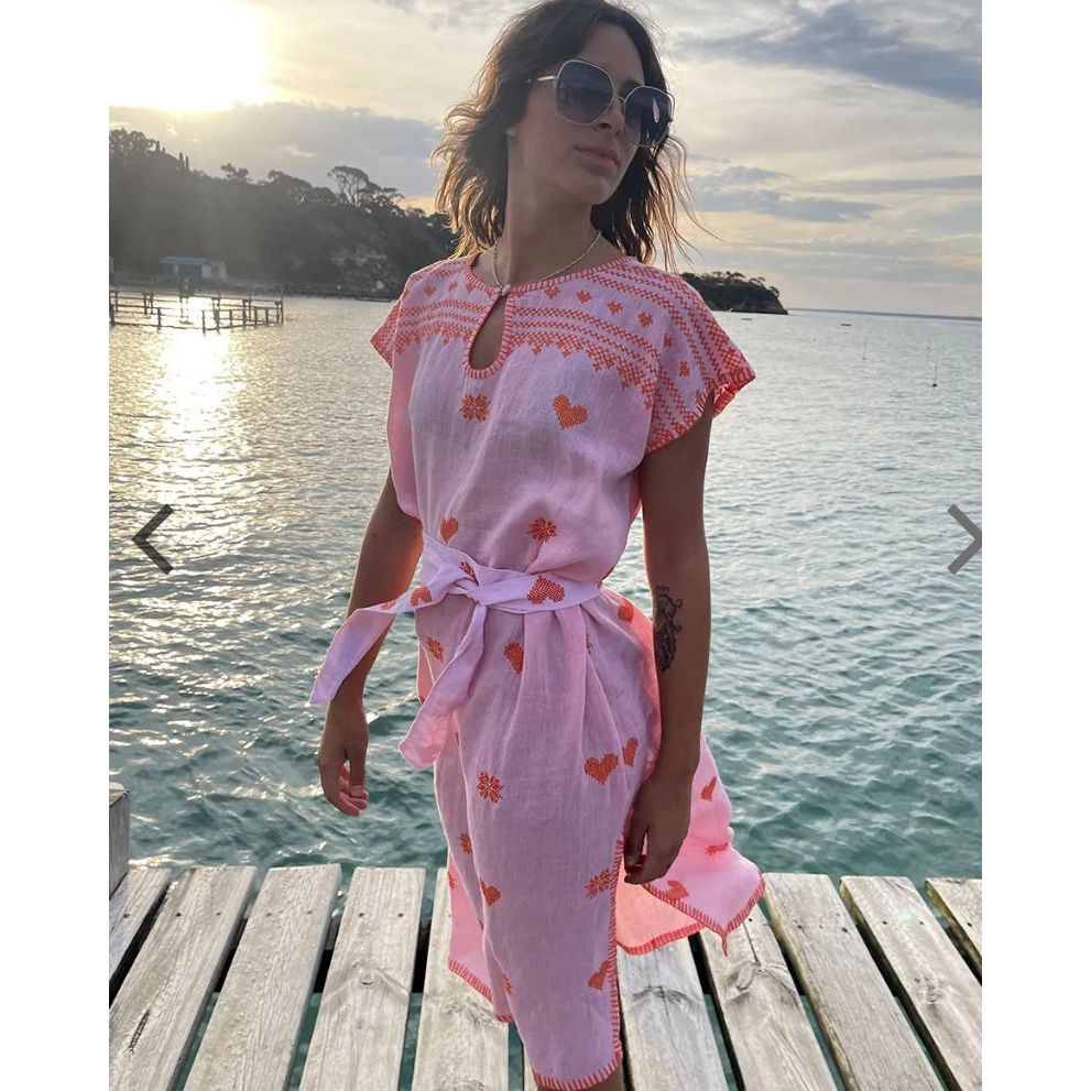 Embroidered Kaftan Long Length-Pink/Orange