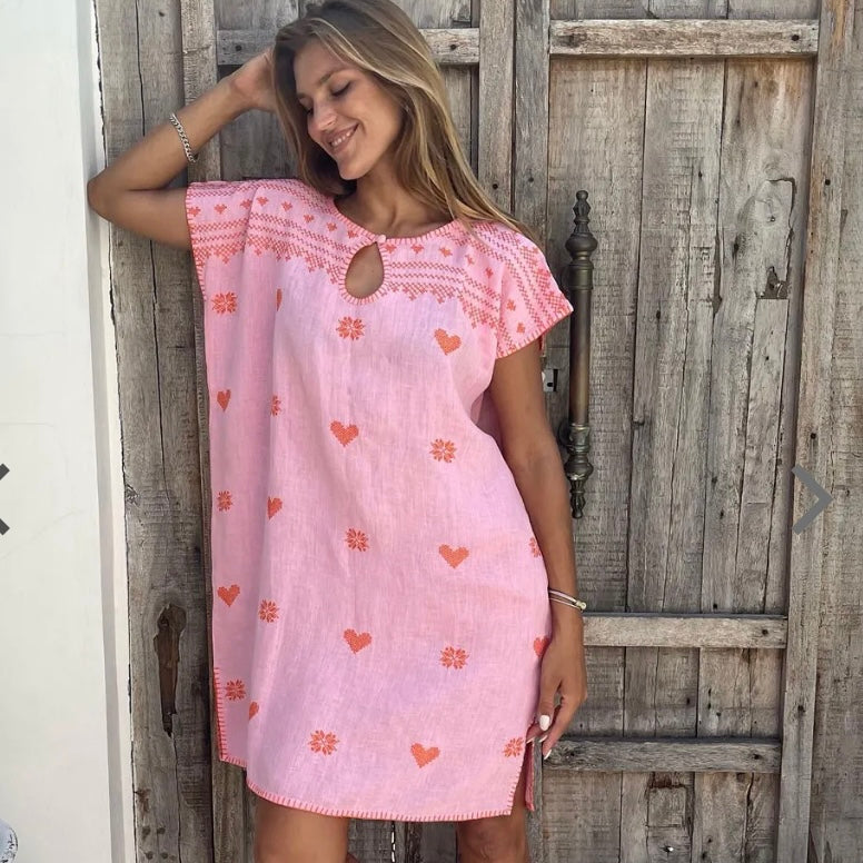 Embroidered Kaftan Short Length -Pink & Orange