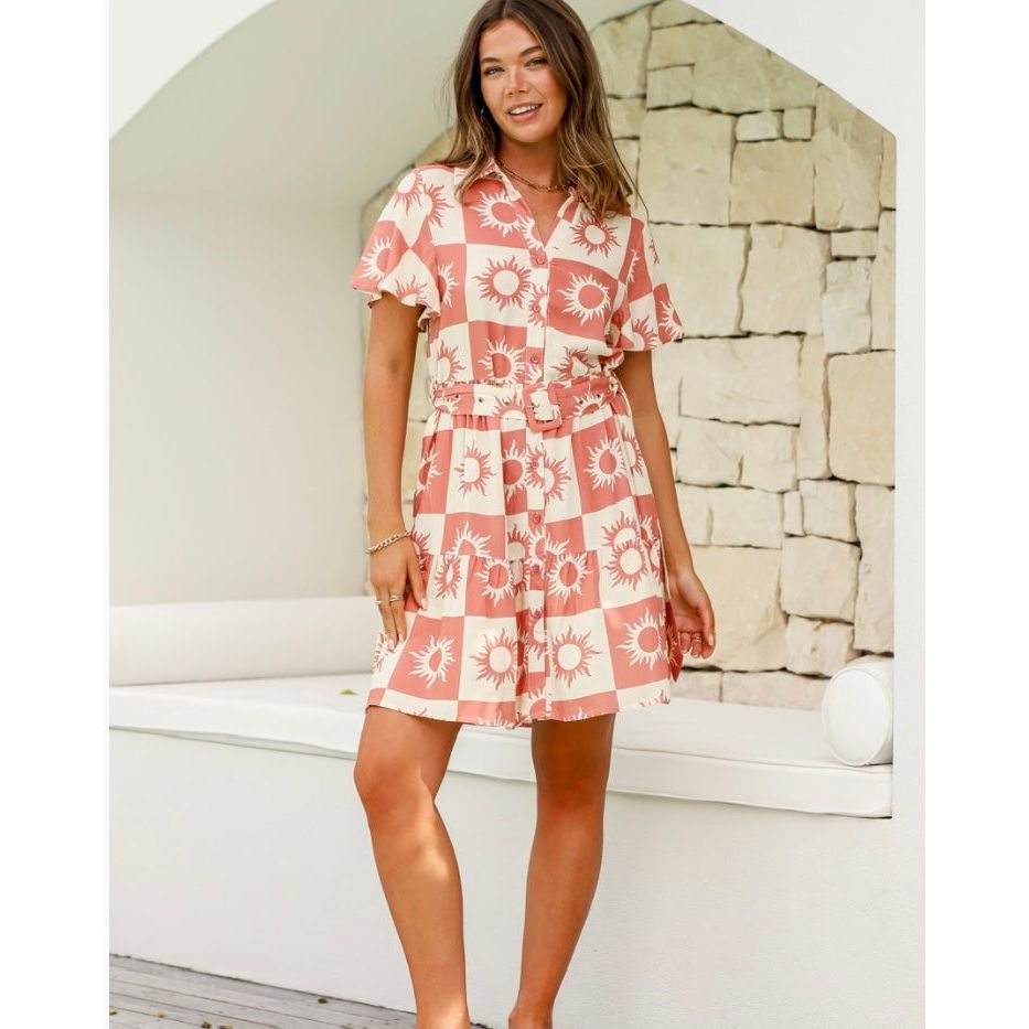 Sierra Belted Dress- Tan & White Multi