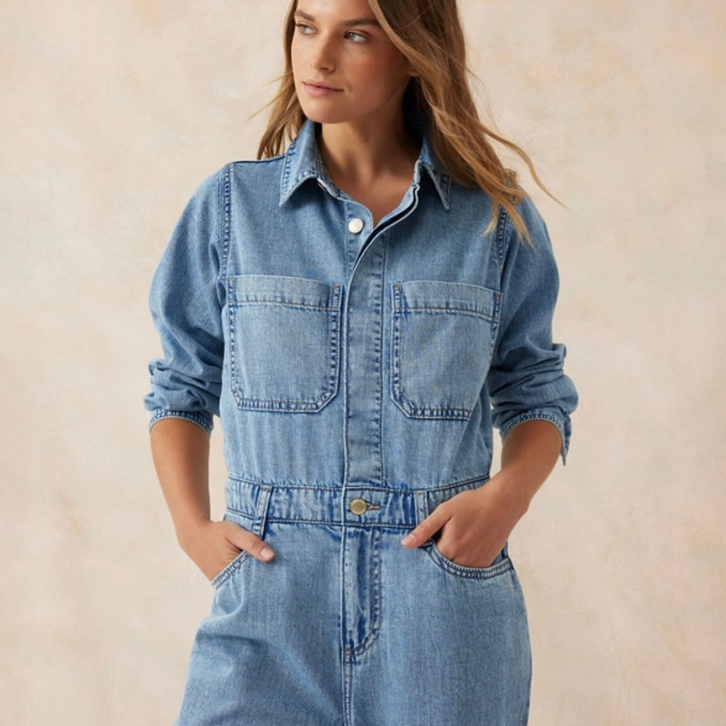 Long Sleeve Soft Denim Jumpsuit- Vintage Blue- Ceres Life