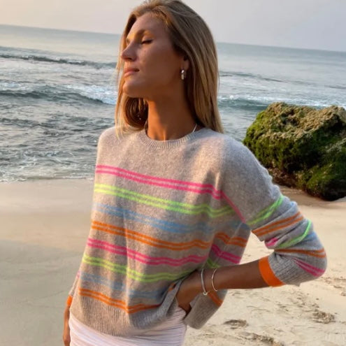 Cute Stripe – 100% Cashmere – Grey marle / multi colour stripes