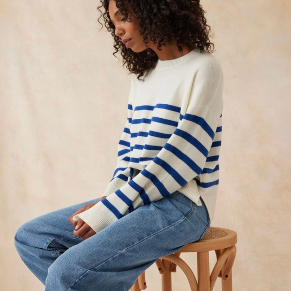 Boxy Knit With Embroidery- Vanilla/ Ocean -Ceres Life