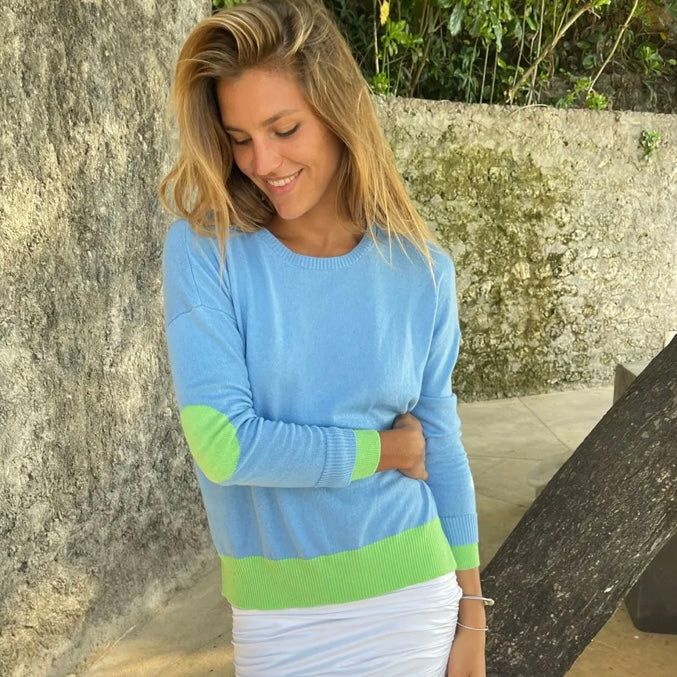 Cotton Cashmere Arm Patch Sweater – Baby blue / green