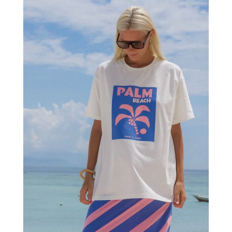 PALM BEACH POSTCARD T-SHIRT | SHORT SLEEVE-BLUE & PINK