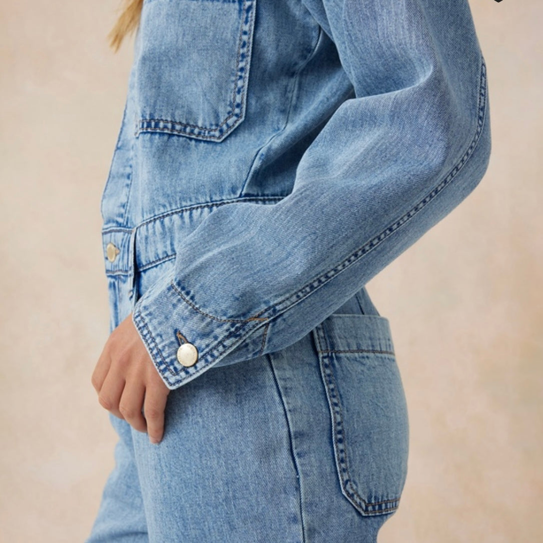 Long Sleeve Soft Denim Jumpsuit- Vintage Blue- Ceres Life