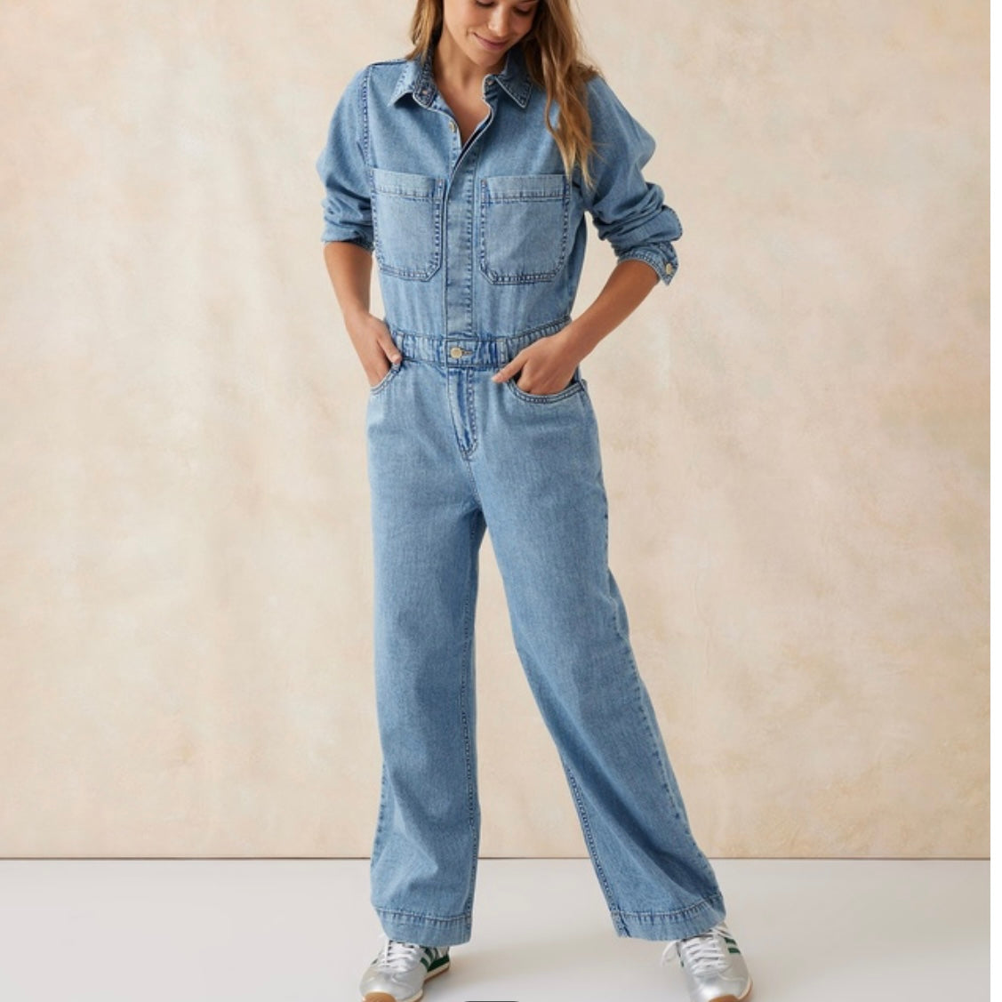 Long Sleeve Soft Denim Jumpsuit- Vintage Blue- Ceres Life