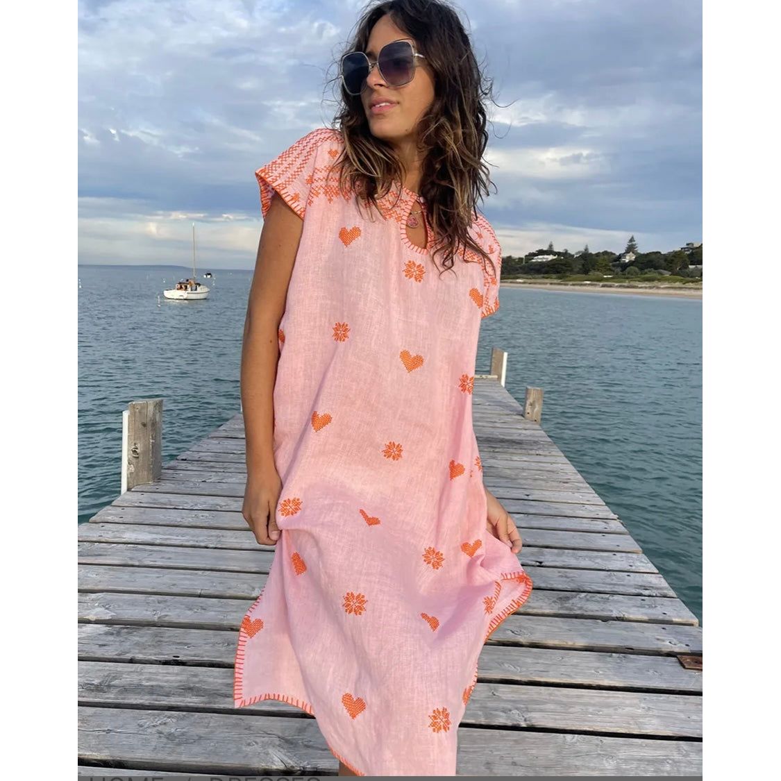 Embroidered Kaftan Long Length-Pink/Orange