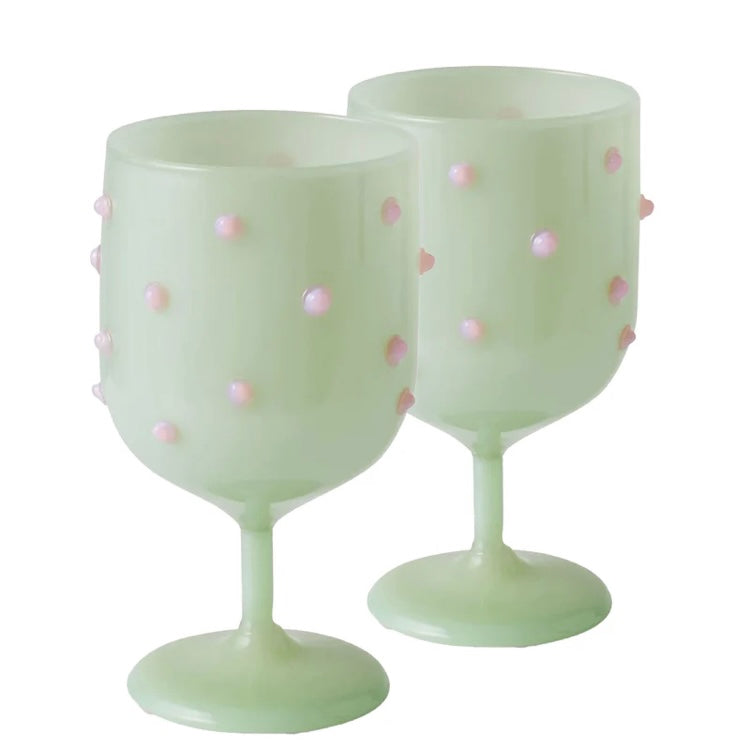 PISTACHIO POLKADOT WINE GLASS 2P SET