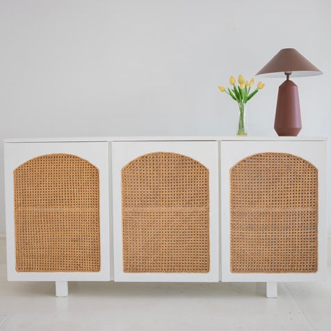 TEAK & RATTAN ARCH 3 DOOR SIDEBOARD-ARTIC WHITE FINISH