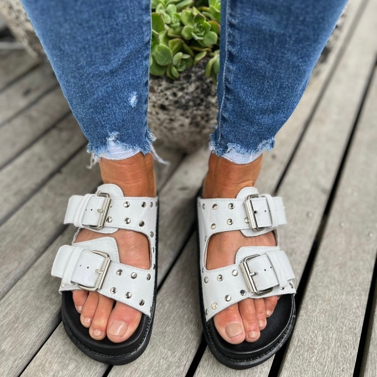 Ziggy Leather Studded-White/Silver  Slides