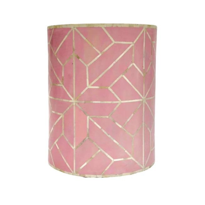 Abstract Bone inlay Drum Side Table -Pink/White