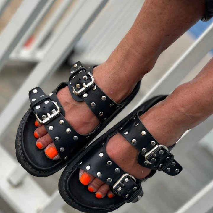 Ziggy Leather Studded Black/Silver  Slides