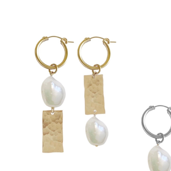 Misuzi Pearl and Tag Mis-matched Hoop Earrings - Gold