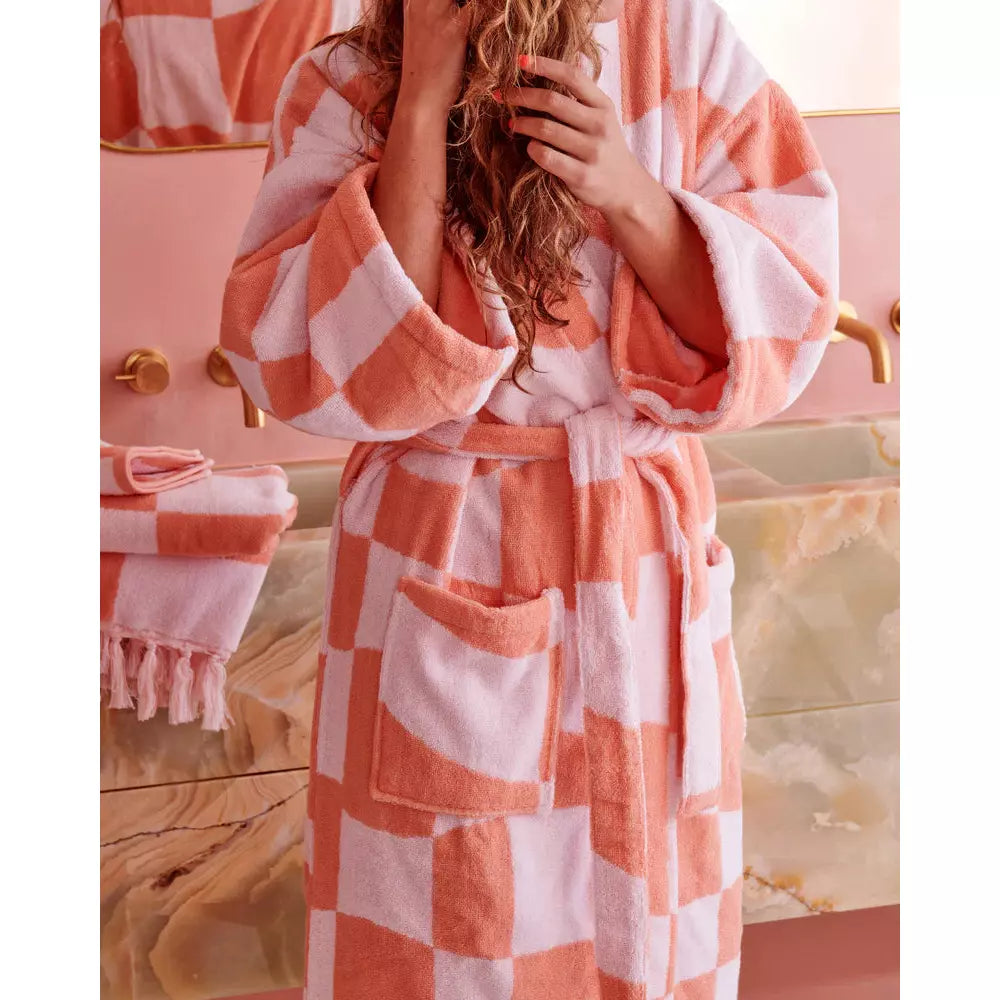 CHECKERBOARD PINK TERRY BATH ROBE